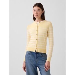 Gap Womens Yellow White Striped Button Front Crew Neck Cardigan Sweater